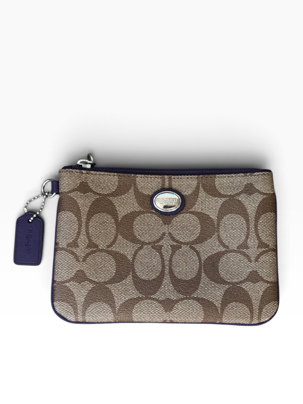 Coach Signature Canvas Wristlet in Brown with Purple Trim & Purple Hangtag